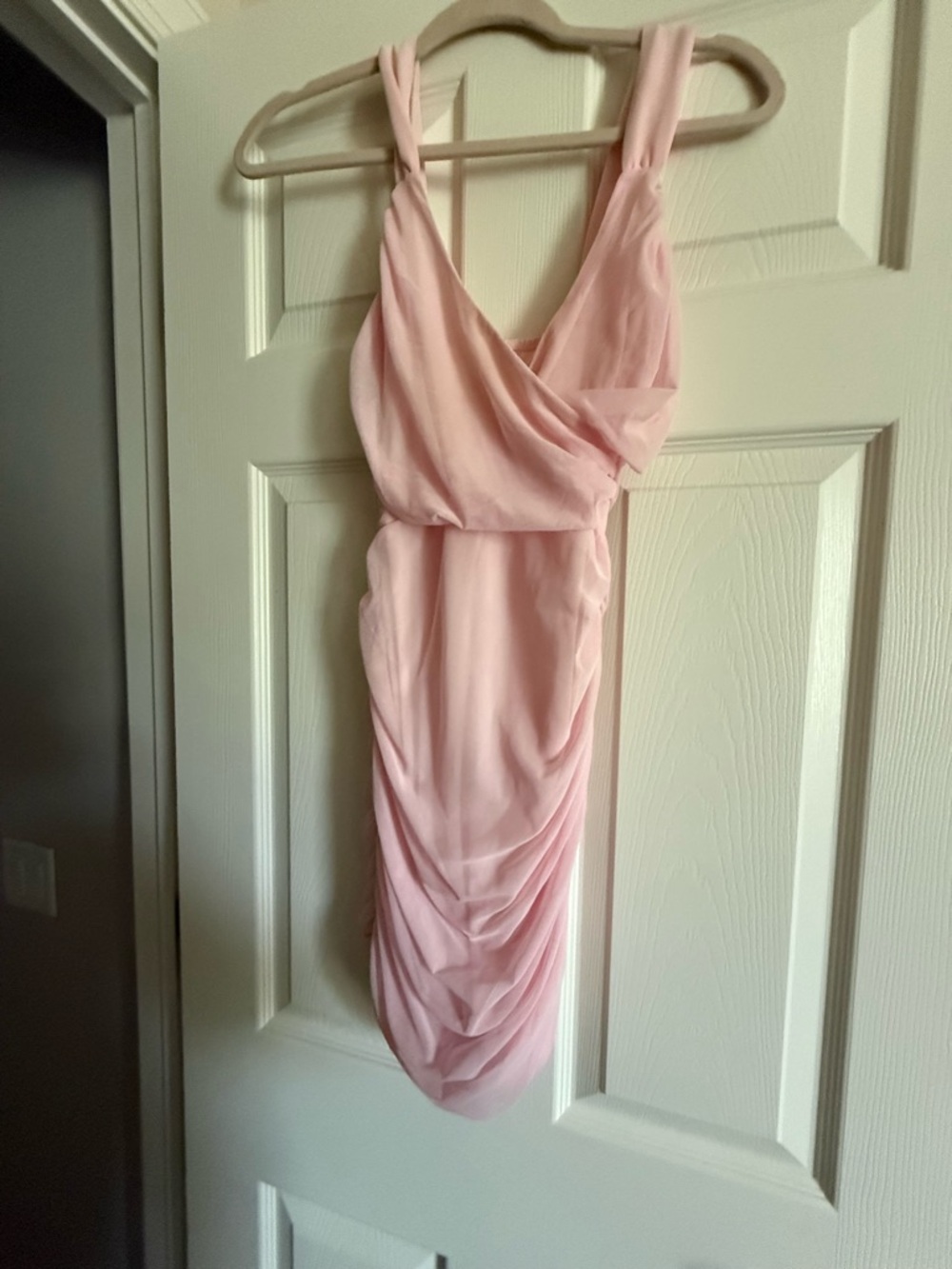 Lucy in the Sky Soft Pink Ruched V-Neck Mini Dress
